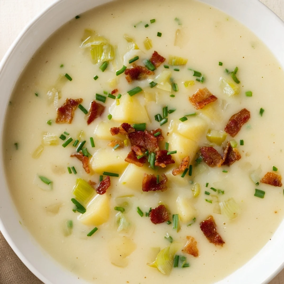 A warm bowl of Creamy Potato and Leek Soup with Turkey Bacon garnished with fresh chives.