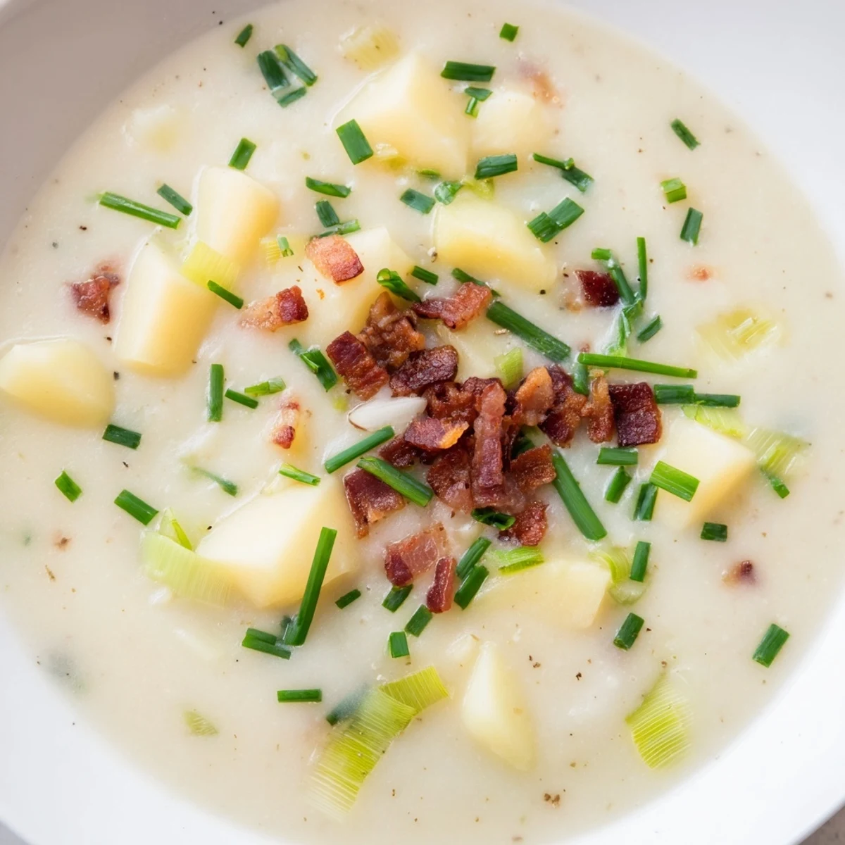 Close-up of Creamy Potato and Leek Soup with Turkey Bacon showing a creamy texture and crispy bacon bits.