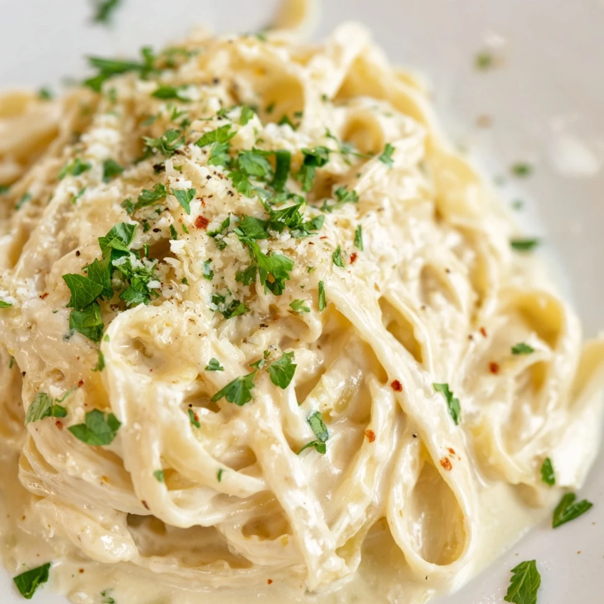A close-up of Creamy Garlic Pasta with Herbs shows al dente fettuccine strands coated in a luxurious Parmesan cream sauce, garnished with fresh herbs.  