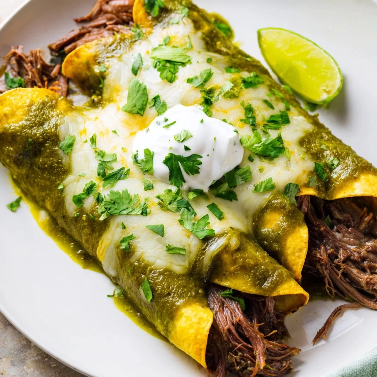 A close-up of Beef Enchiladas with Green Sauce showing melted cheese, cilantro, and lime wedges on a rustic plate.