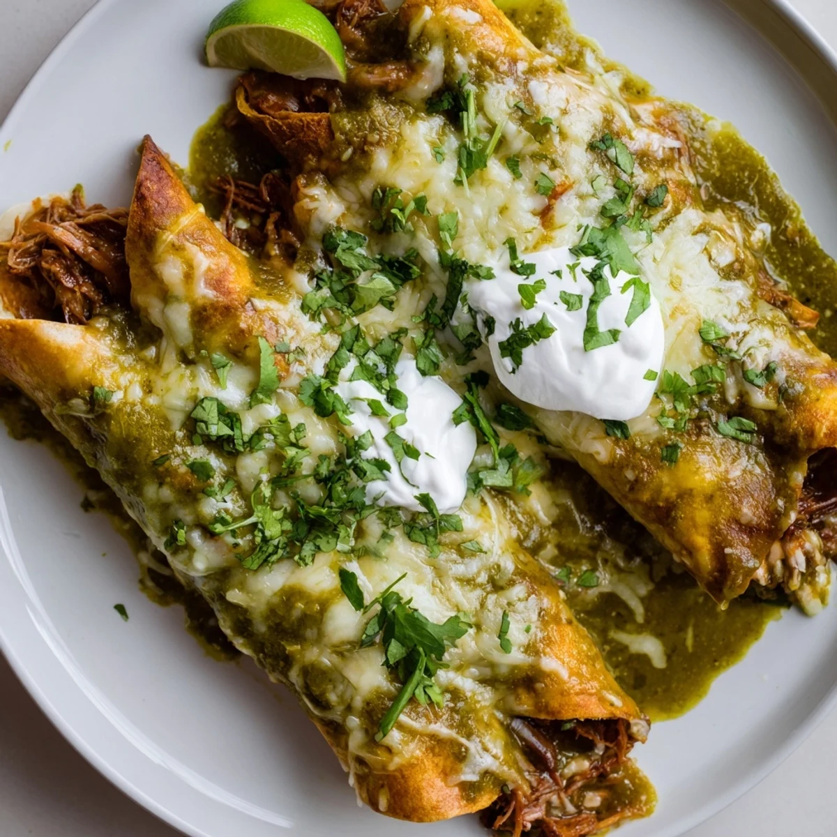 Golden Beef Enchiladas with Green Sauce bubbling with cheese, garnished with fresh cilantro and sour cream, perfect for a cozy meal.