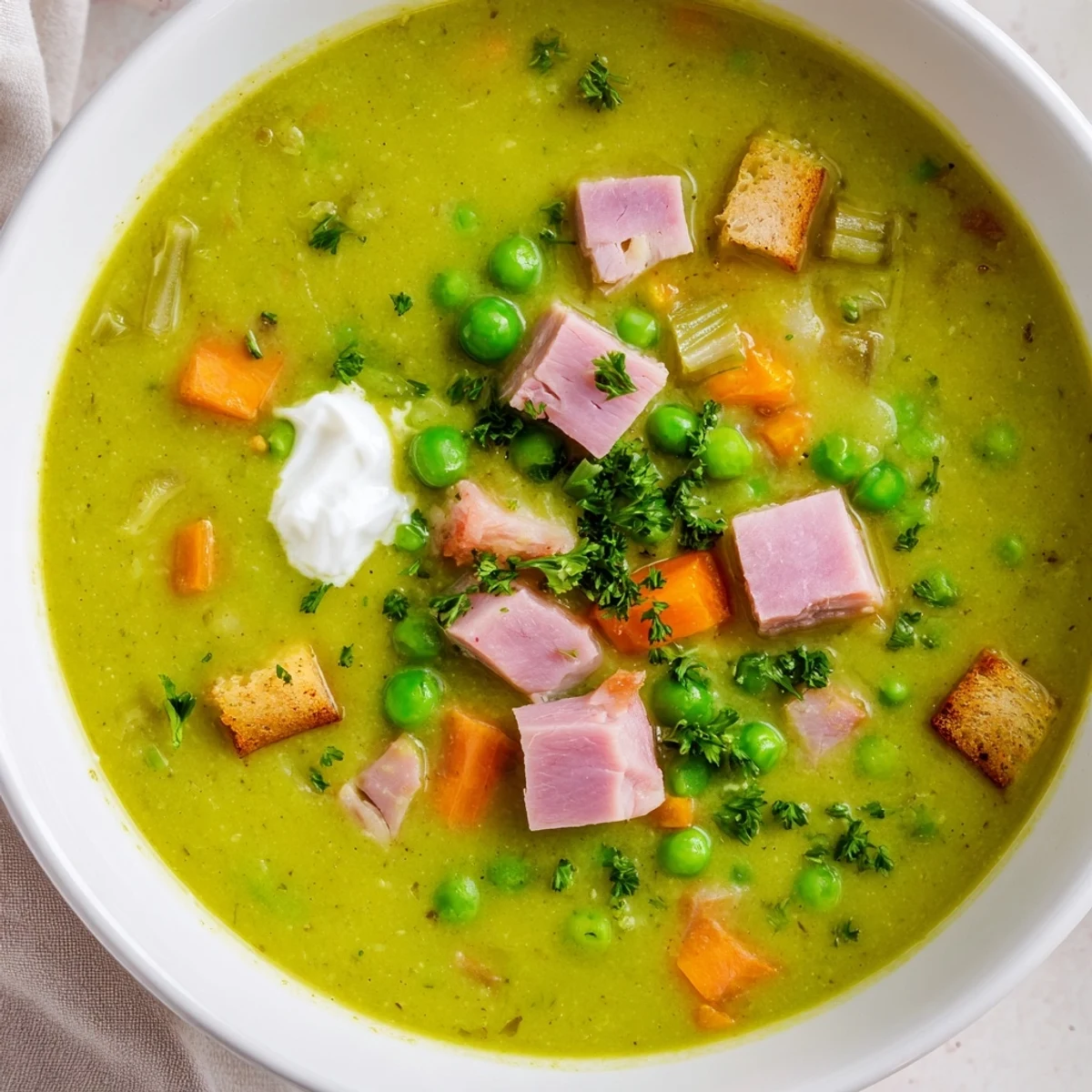 Smooth and chunky Spring Pea Soup with Ham and Turkey featuring tender vegetables in a savory, golden broth.