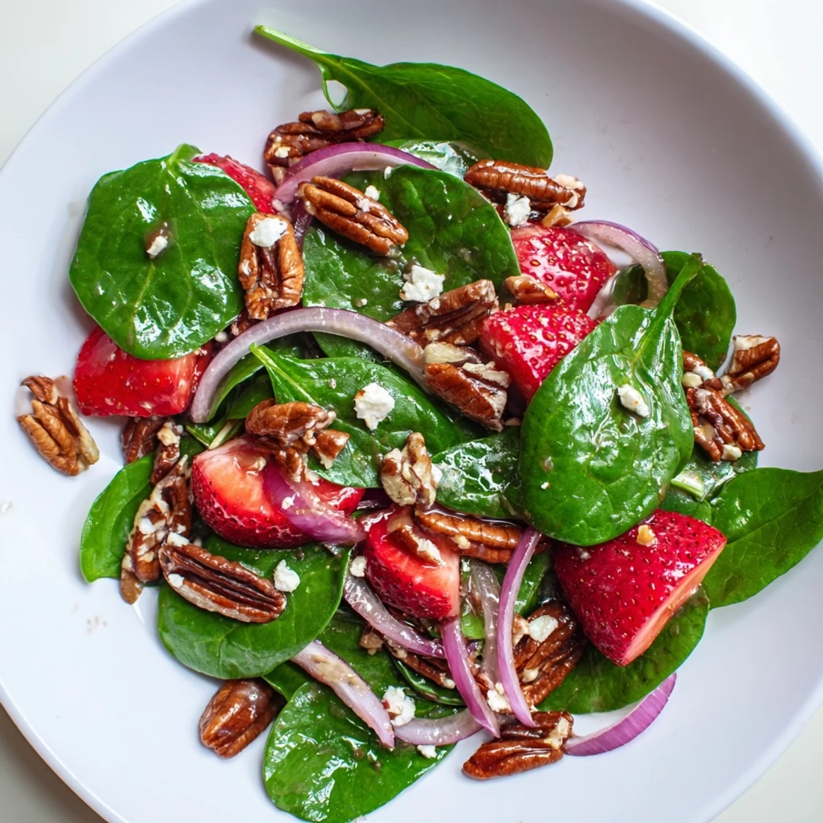 Fresh baby spinach and sliced strawberries tossed with toasted pecans and tangy balsamic vinaigrette in a vibrant salad bowl.