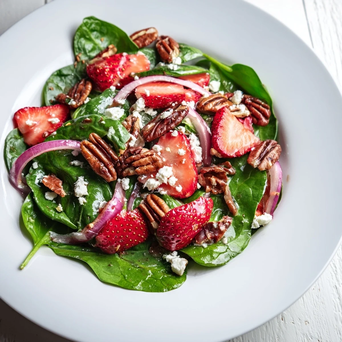 A close-up of Strawberry Spinach Salad with Pecans showcasing glossy balsamic dressing, juicy berries, and crunchy nuts.