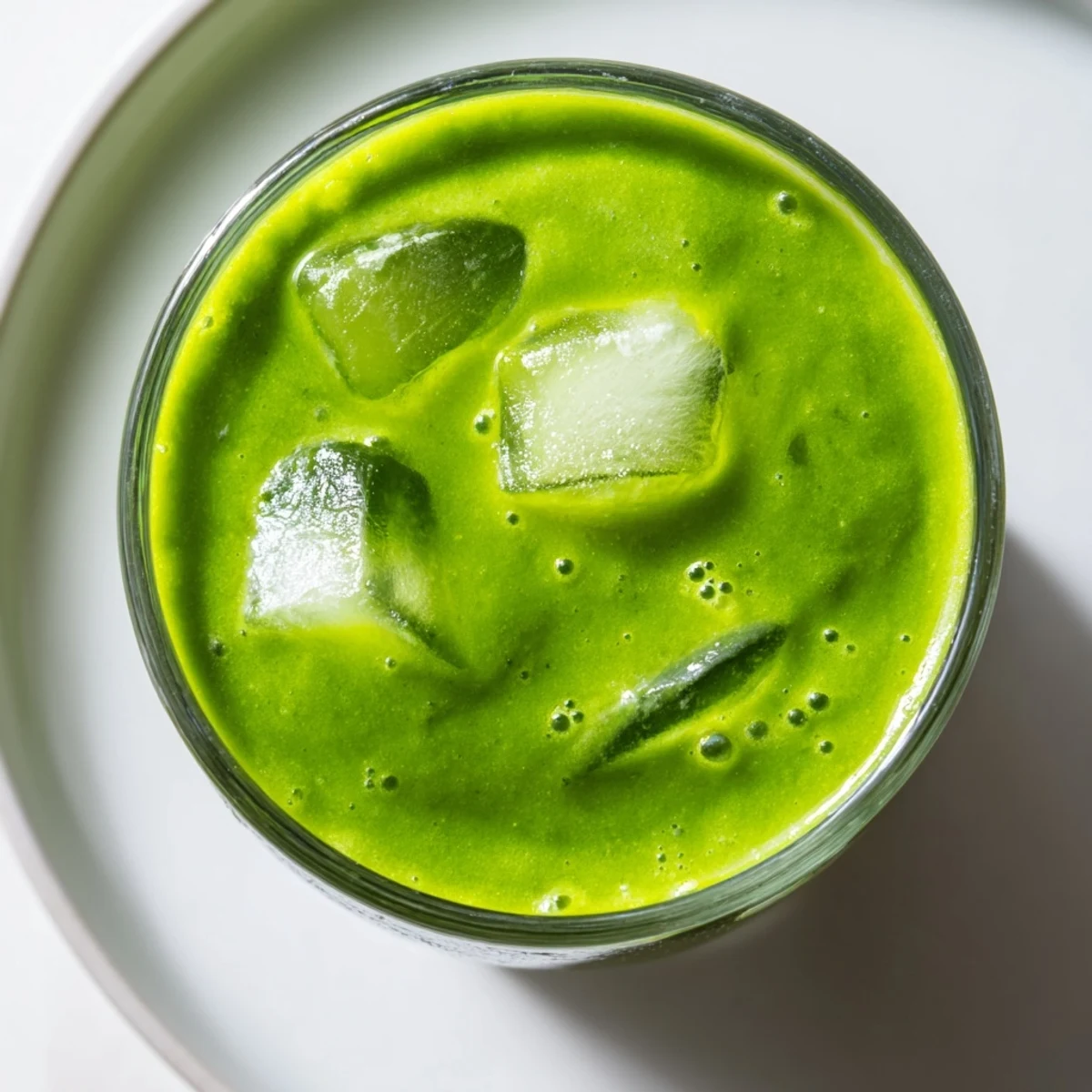 Bright green smoothie with spinach, crisp apple, and banana slices in a clear glass beside lemon wedges.