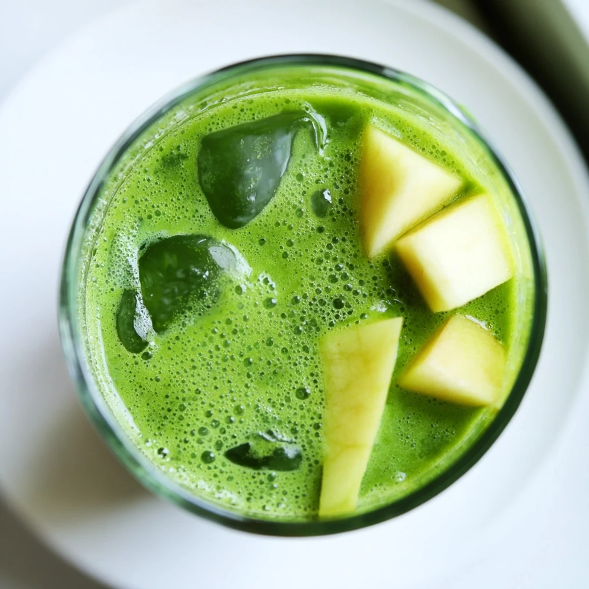 Fresh spinach and apple smoothie poured into a chilled glass, garnished with a mint leaf for breakfast.