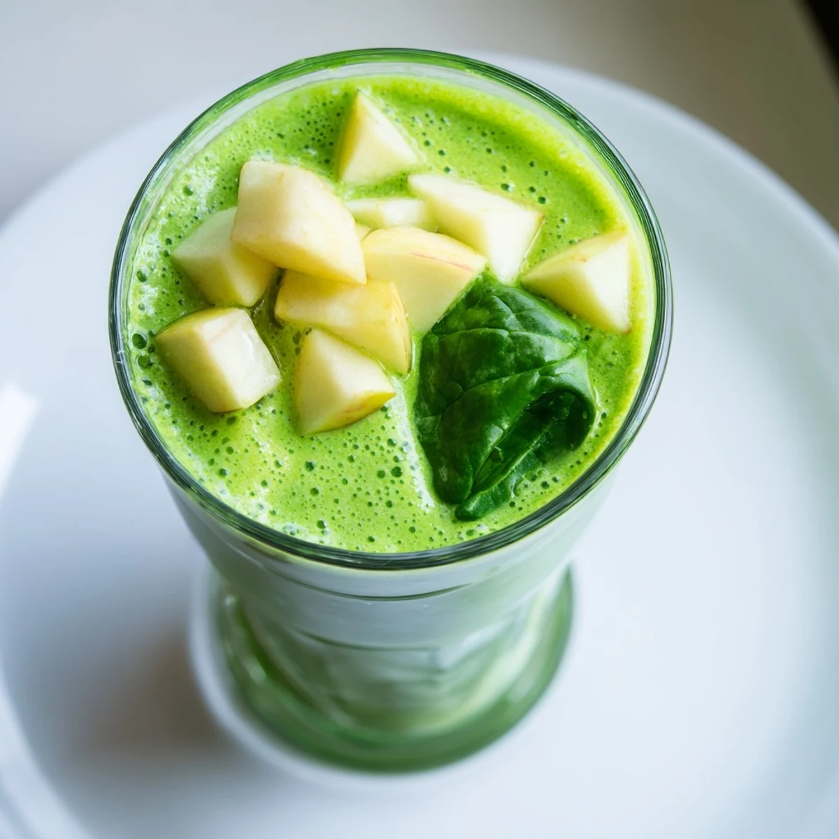 Vibrant green spinach apple smoothie with ice cubes, served on a sunny kitchen counter for a healthy snack.