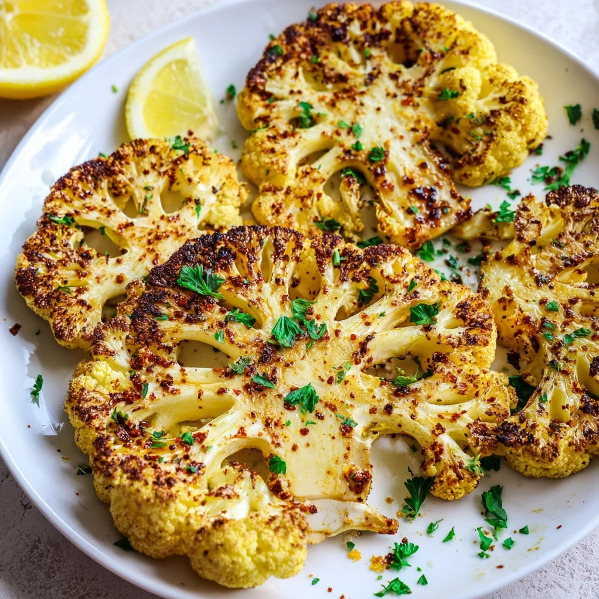 Golden-brown roasted cauliflower steaks with smoky paprika and garlic, garnished with fresh parsley and lemon wedges.  