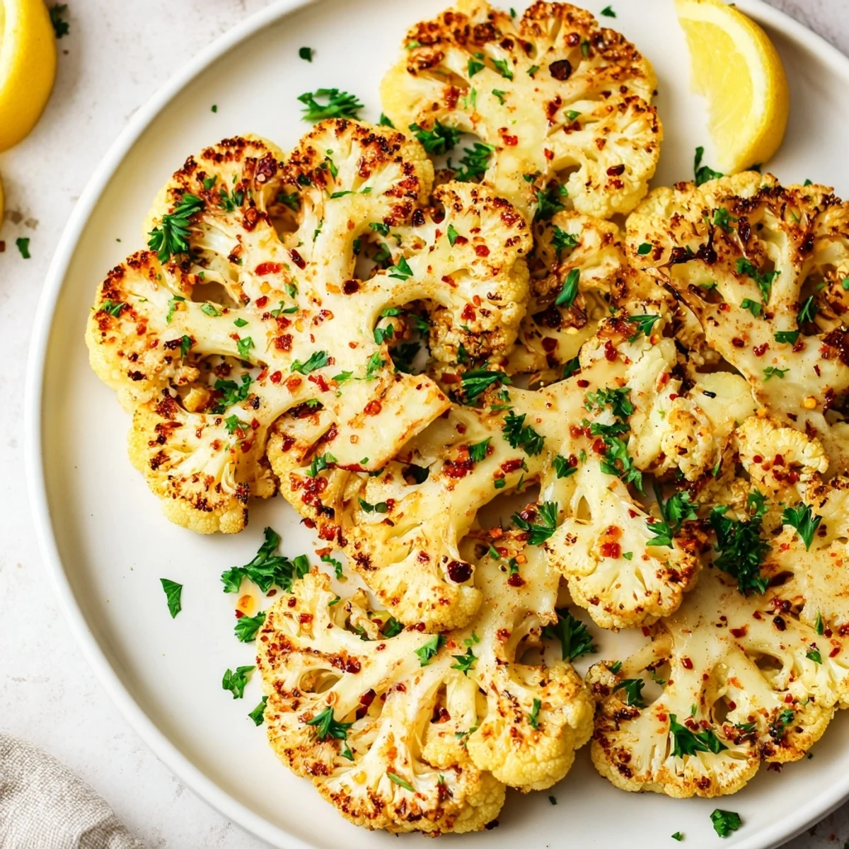 Thick-sliced cauliflower steaks roasted until tender with a crispy edge, served as a hearty vegetarian main dish.  