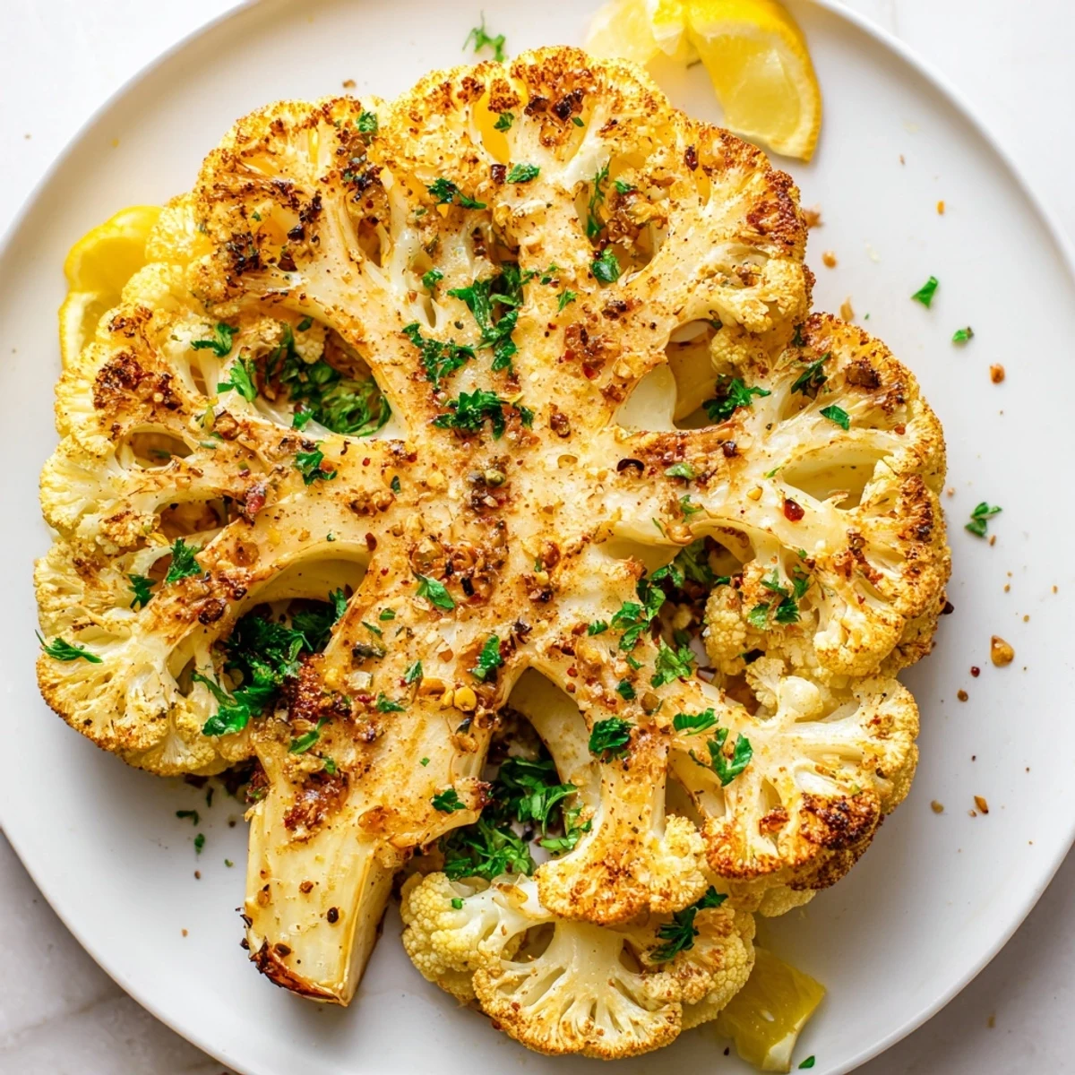 Seasoned roasted cauliflower steaks on a platter with lemon wedges, perfect for a gluten-free, vegan dinner.