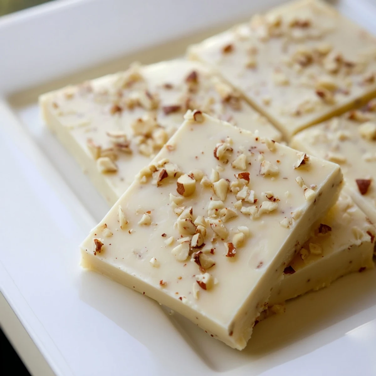 A close-up of homemade Irish Cream Fudge squares, showcasing a creamy, pale beige texture with a glossy finish.  