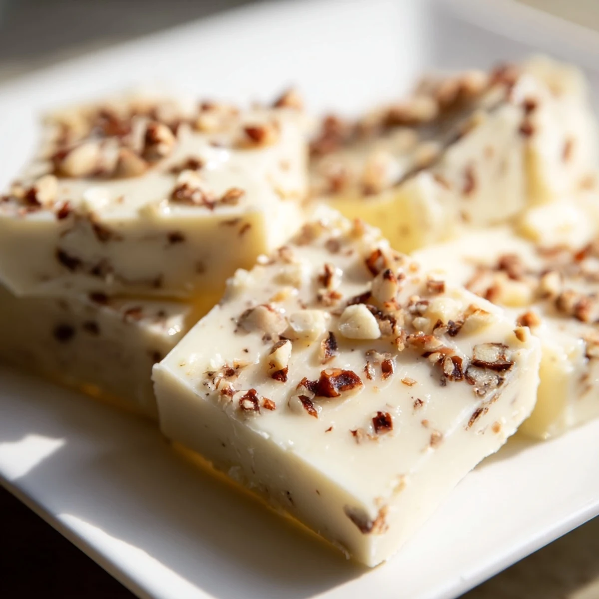 Decadent Irish Cream Fudge pieces arranged on a wooden board, highlighting their smooth, melt-in-your-mouth texture.