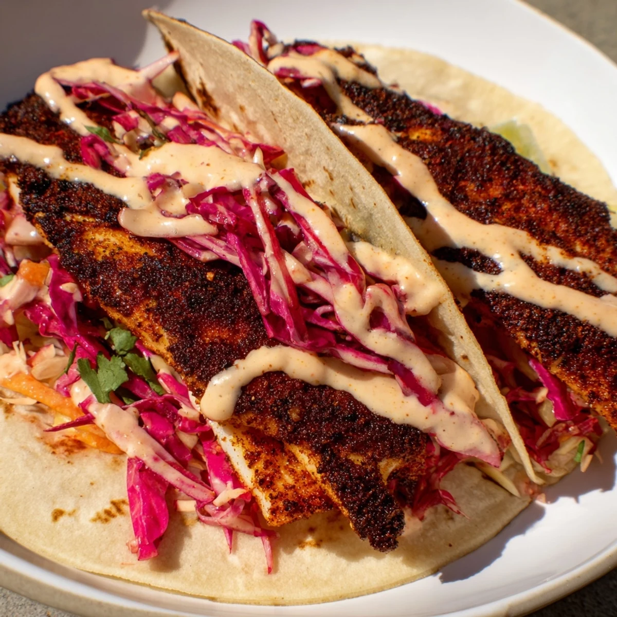 Close-up of Cajun Blackened Fish Tacos topped with crisp slaw and drizzled with smoky crema on a rustic plate.  