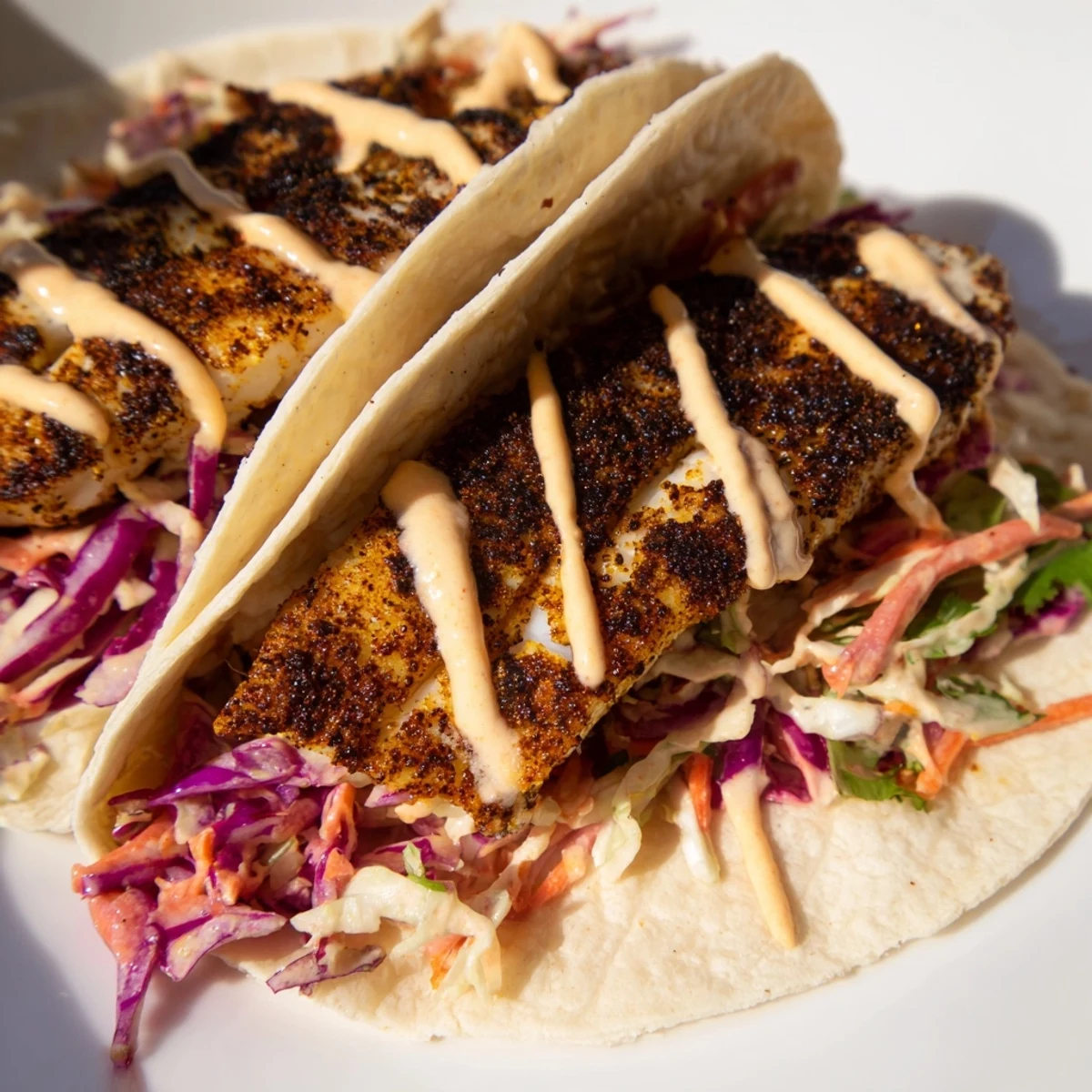 Golden seared Cajun Blackened Fish Tacos nestled in warm tortillas with creamy sauce and herbs.