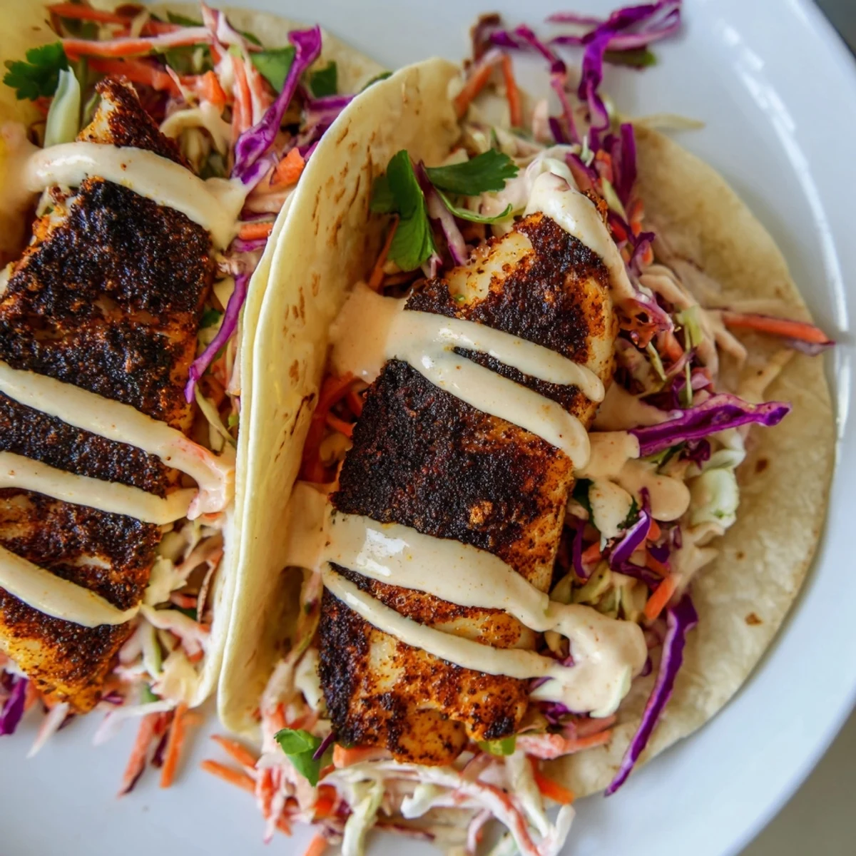 Freshly prepared Cajun Blackened Fish Tacos with lime wedges and vibrant slaw for a zesty finish.  