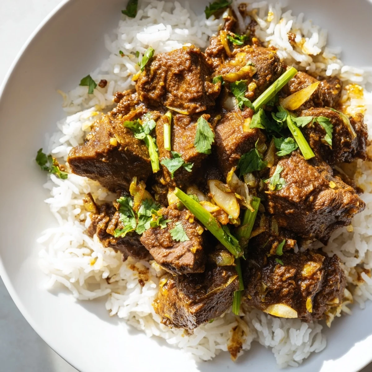 Spicy Beef Curry with Rice steaming in a ceramic bowl beside fresh cilantro garnish