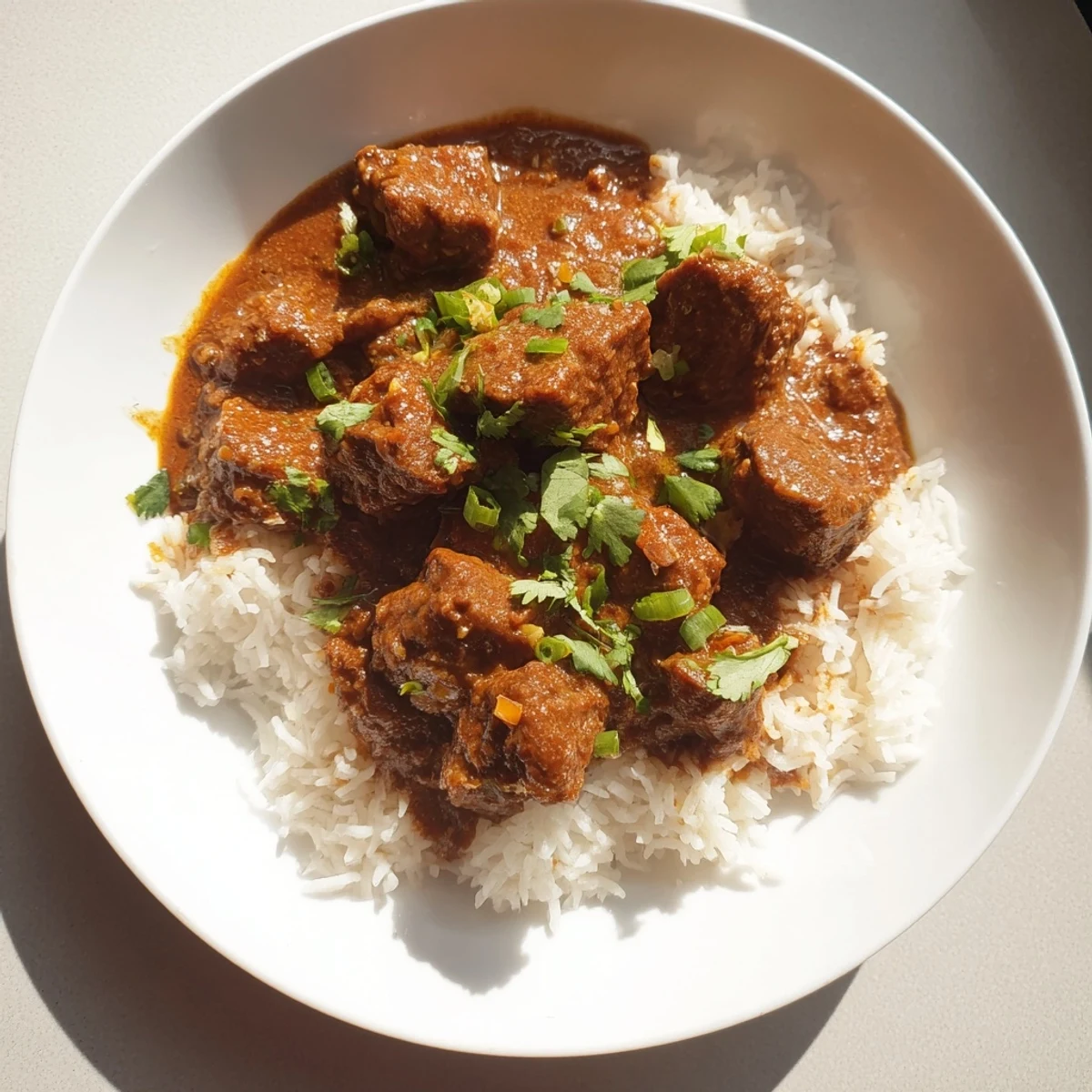 Serving suggestion for Spicy Beef Curry with Rice, fluffy grains soaking up the aromatic sauce