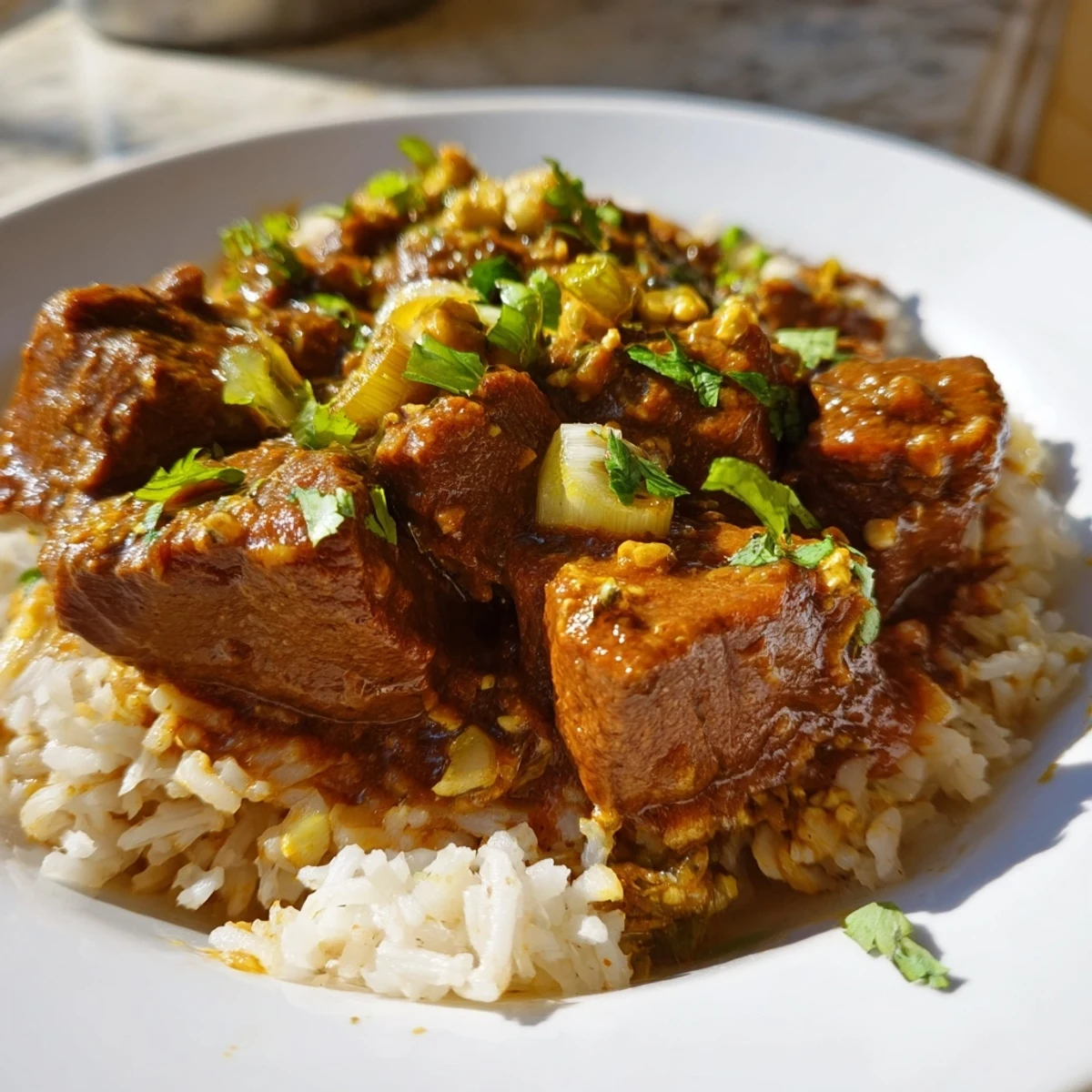 U.S. food blog image of Spicy Beef Curry with Rice, golden onions and tender beef chunks