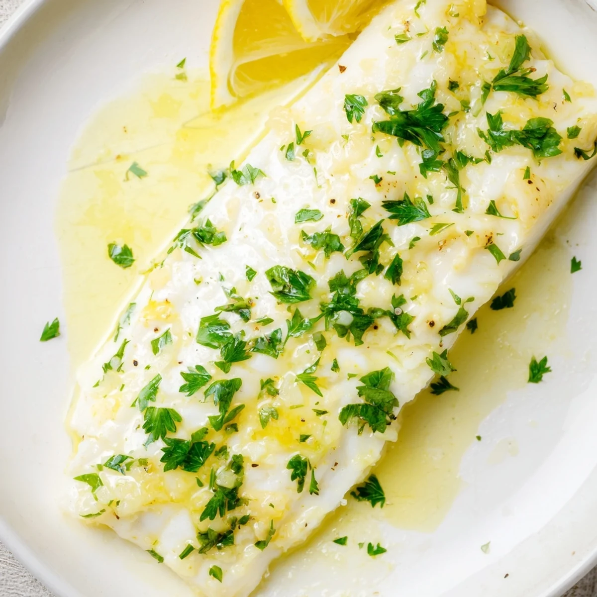 Zesty lemon butter glazed halibut baking in a dish, ready to be served with steamed vegetables or rice.