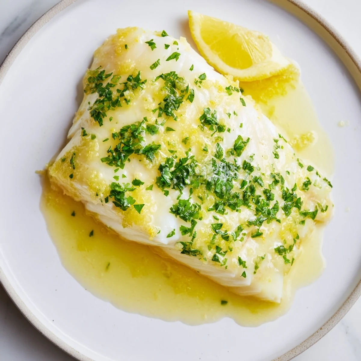 Flaky baked halibut fillet topped with vibrant lemon butter sauce, served with fresh parsley and lemon wedges.