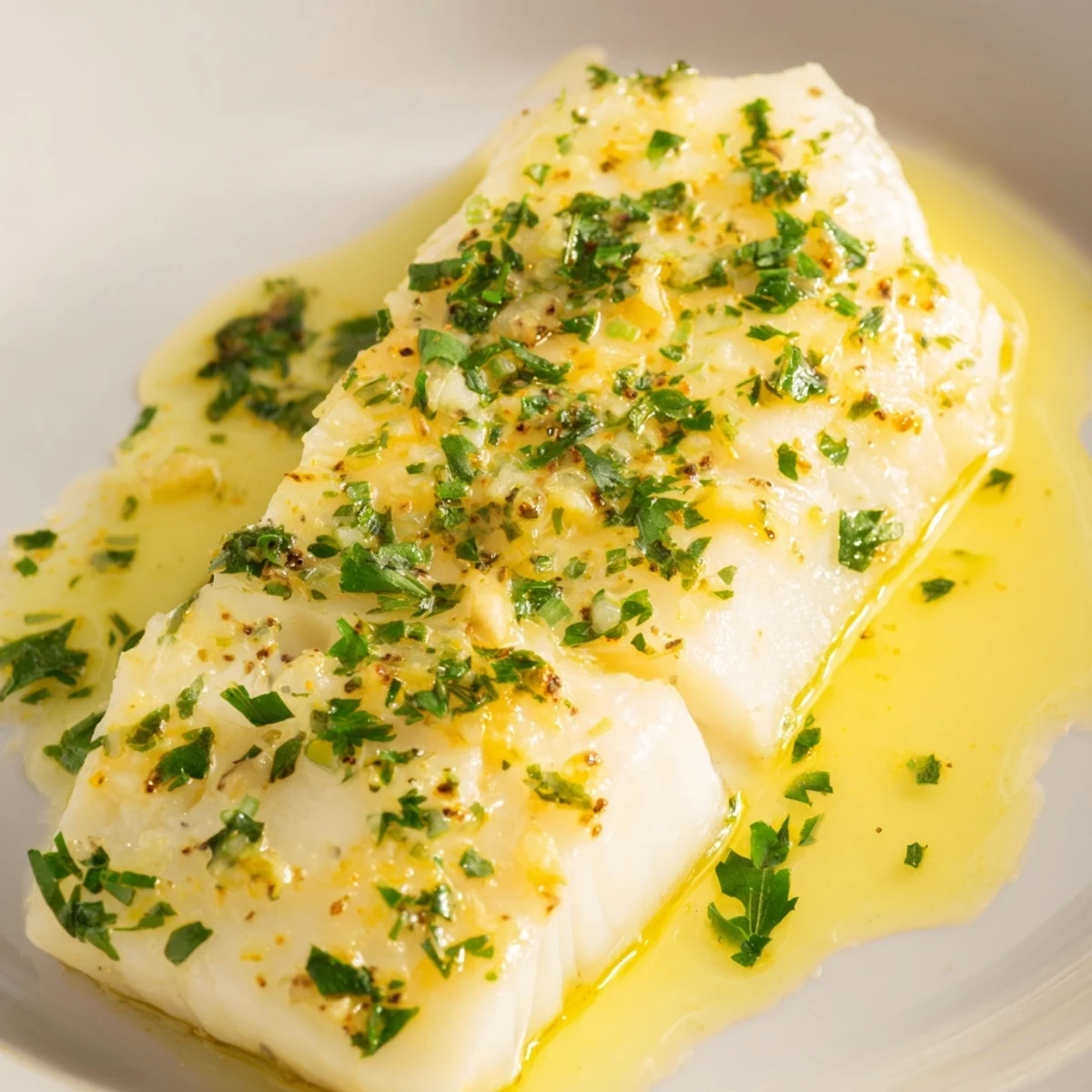 Golden brown baked halibut with lemon butter sauce, garnished with fresh parsley and lemon slices on a platter.