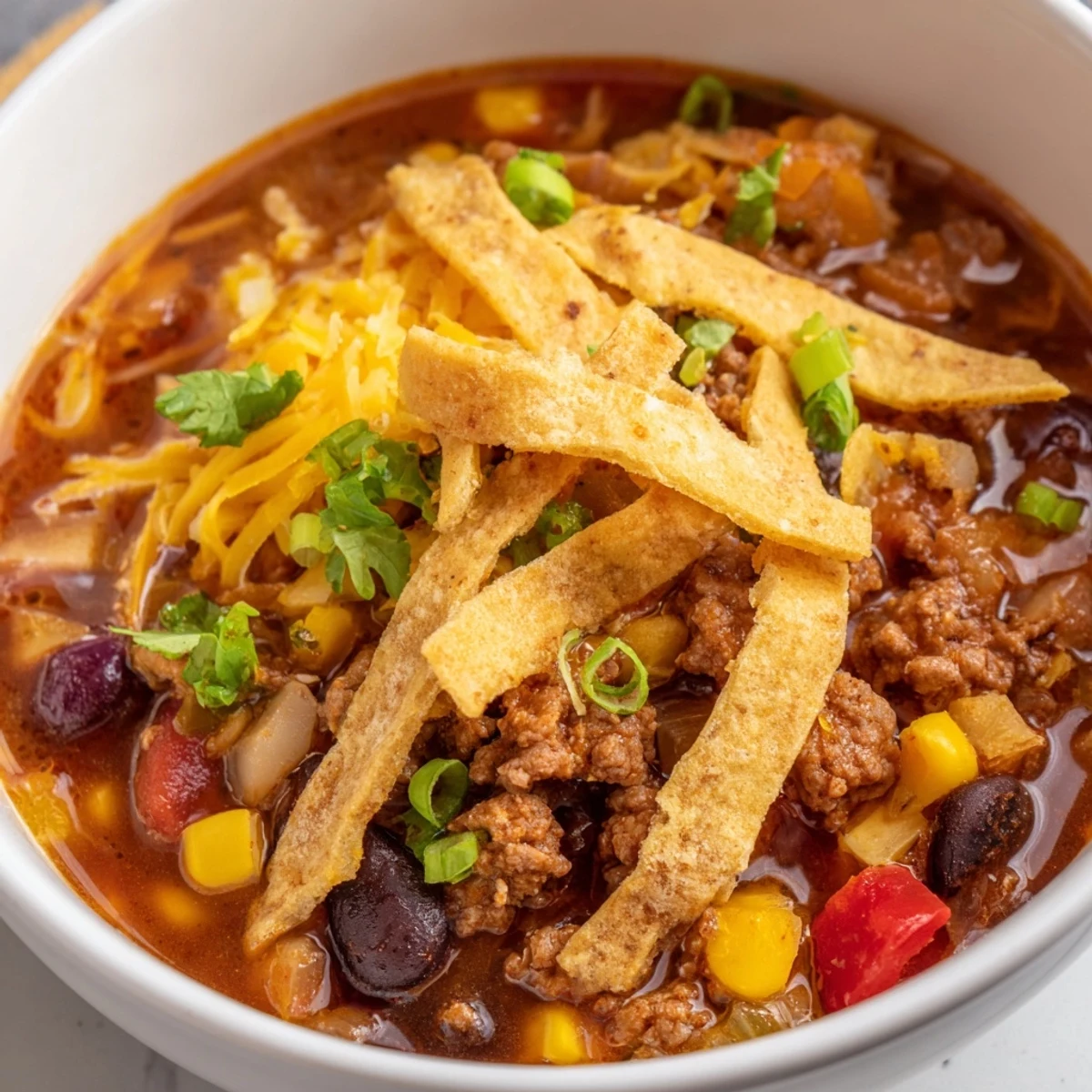 A steaming bowl of Beef Enchilada Soup with Tortilla Strips garnished with cheese, sour cream, and fresh cilantro.