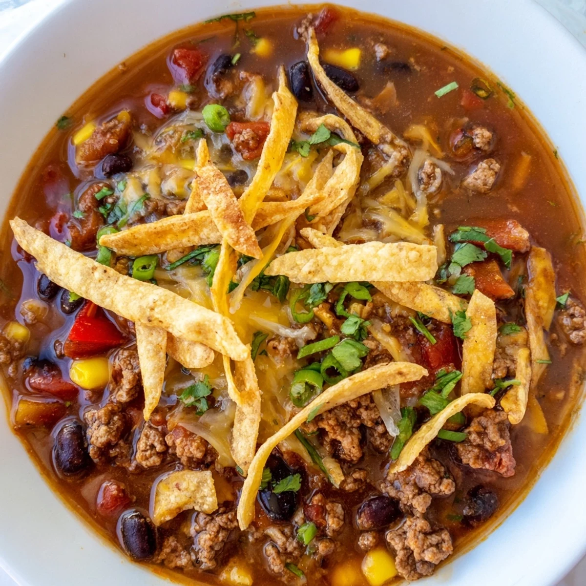 Beef Enchilada Soup with Tortilla Strips ladled from a Dutch oven topped with melted cheddar and crispy tortilla strips.