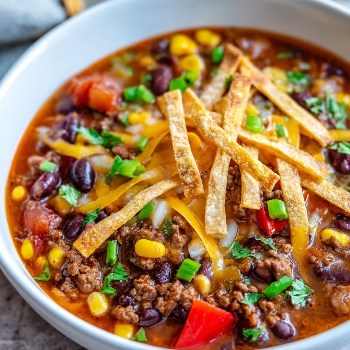 Close-up of Beef Enchilada Soup with Tortilla Strips showing tender beef, beans, and corn in rich tomato broth with lime wedges.