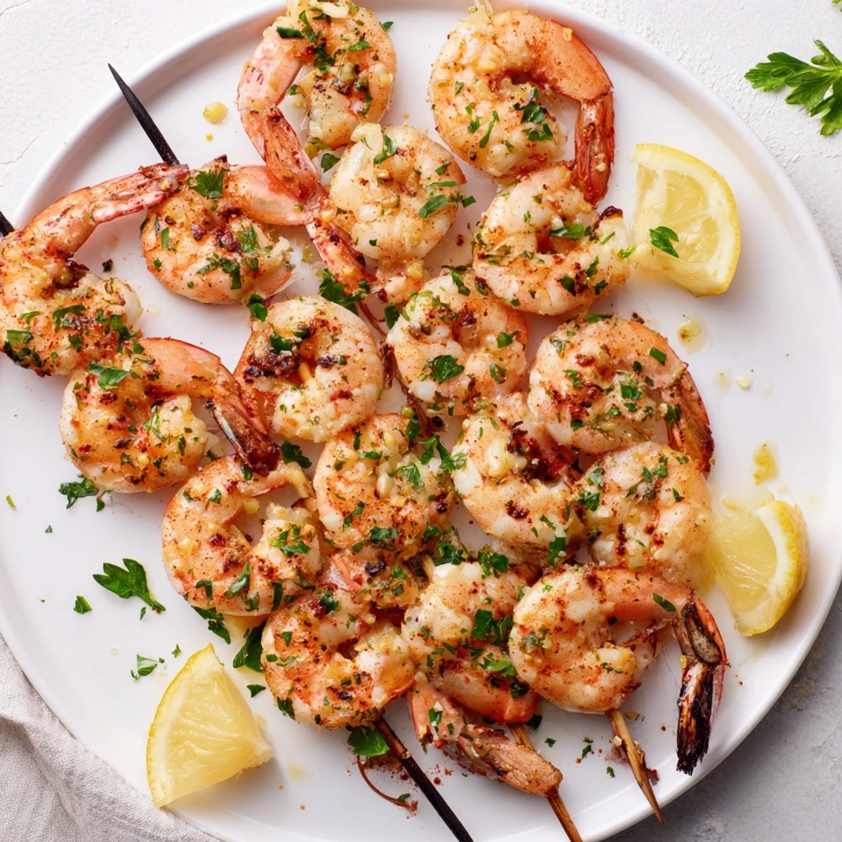 Grilled Lemon Garlic Shrimp Skewers on a platter with fresh lemon wedges and parsley garnish.