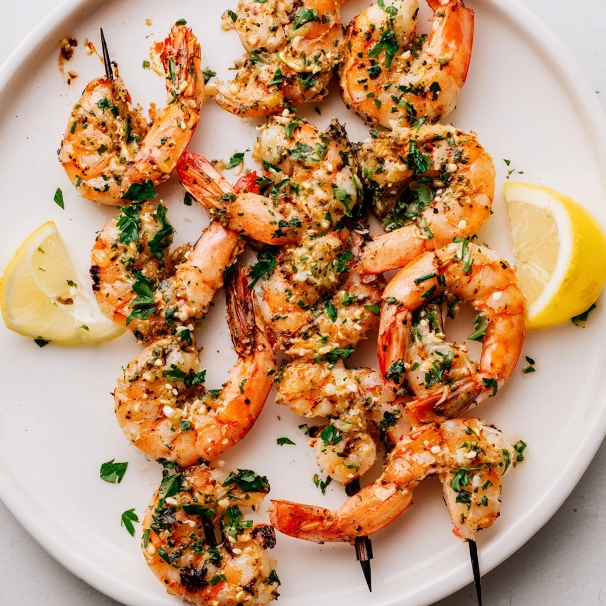 Juicy Lemon Garlic Shrimp Skewers charred on the grill, served over a crisp green salad.