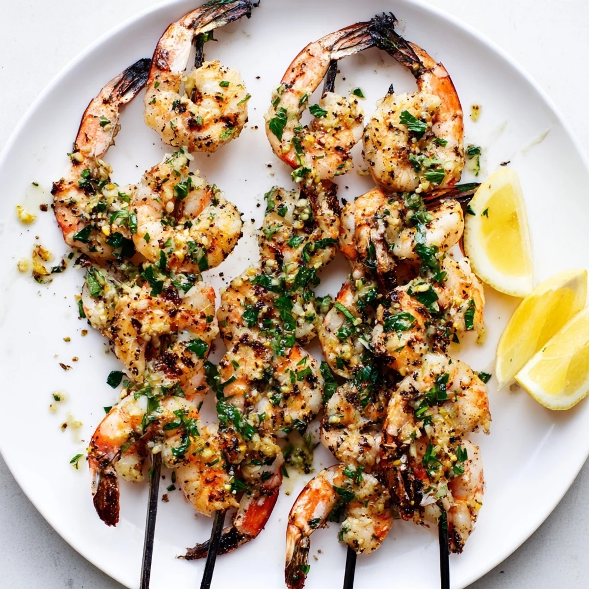 Close-up of Lemon Garlic Shrimp Skewers showing glistening garlic butter glaze on plump shrimp.