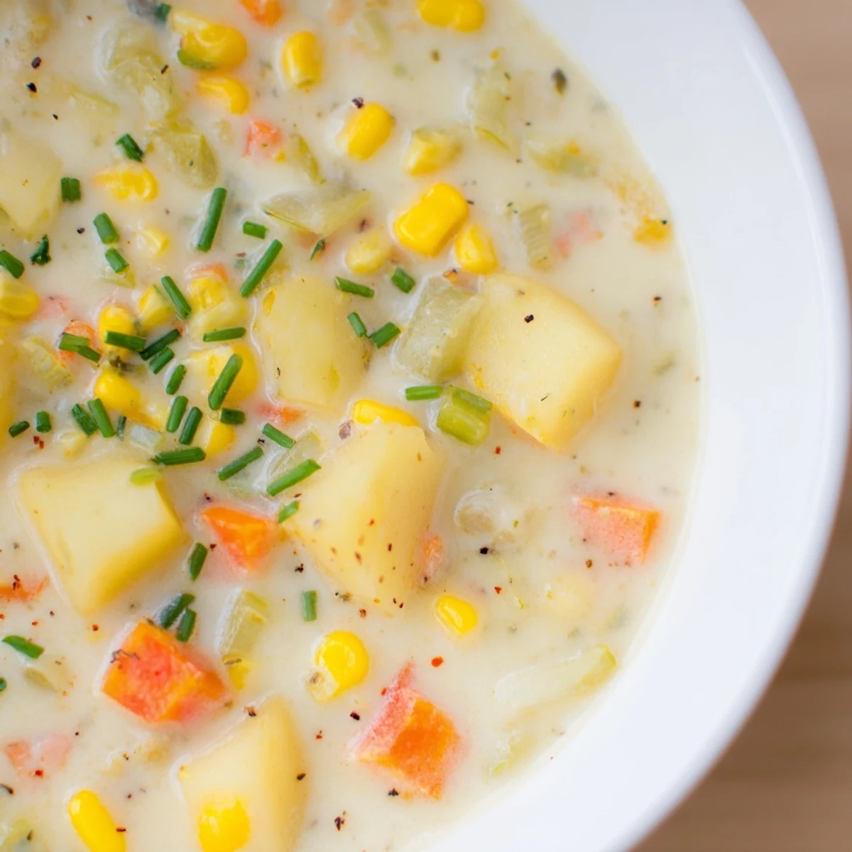A bowl of creamy corn and potato chowder garnished with fresh chives, served hot alongside crusty bread.
