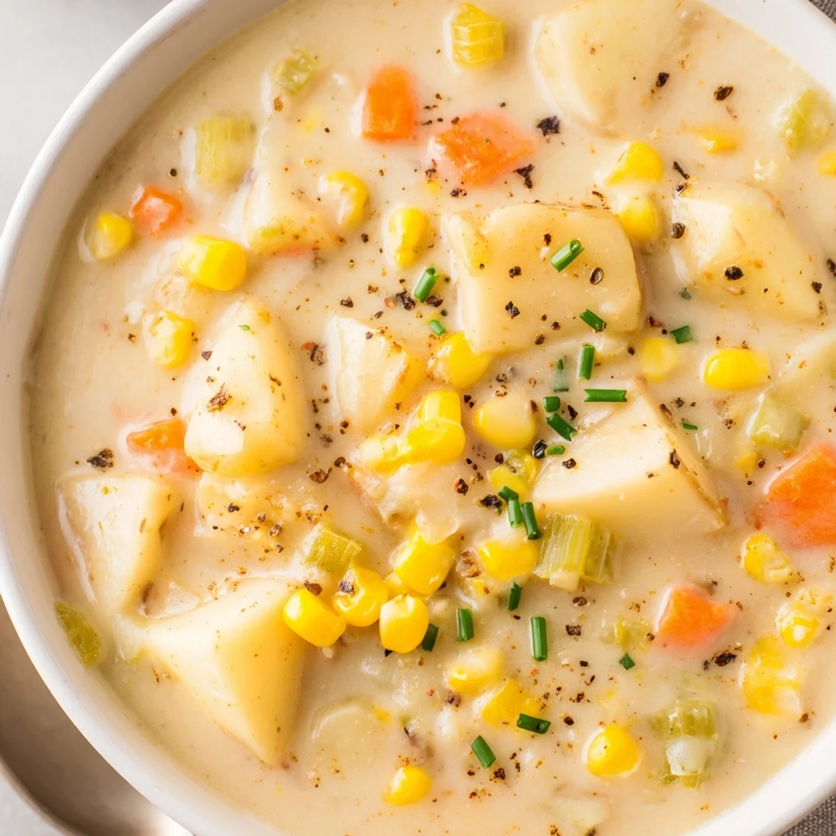 Steaming creamy corn and potato chowder with tender potatoes and sweet corn kernels in a rich, velvety broth.