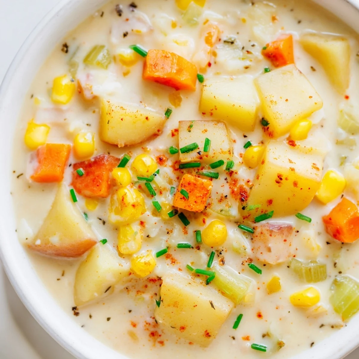 Close-up of creamy corn and potato chowder with a spoon, highlighting the golden texture and hearty vegetable chunks.