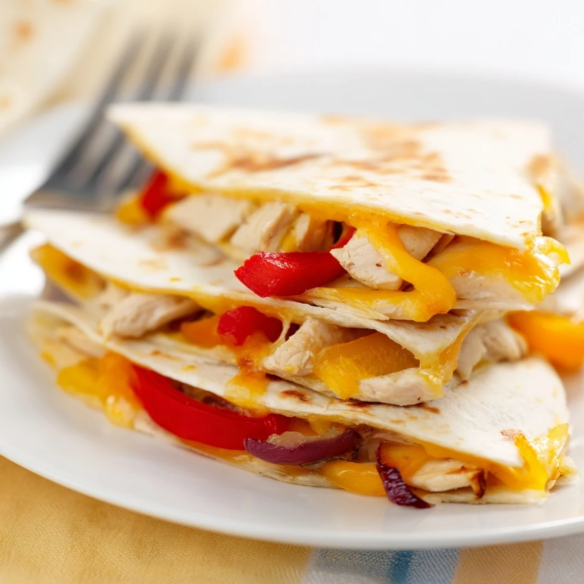 Golden-brown Chicken Quesadillas with Peppers stuffed with melted cheddar and mozzarella on a rustic plate.
