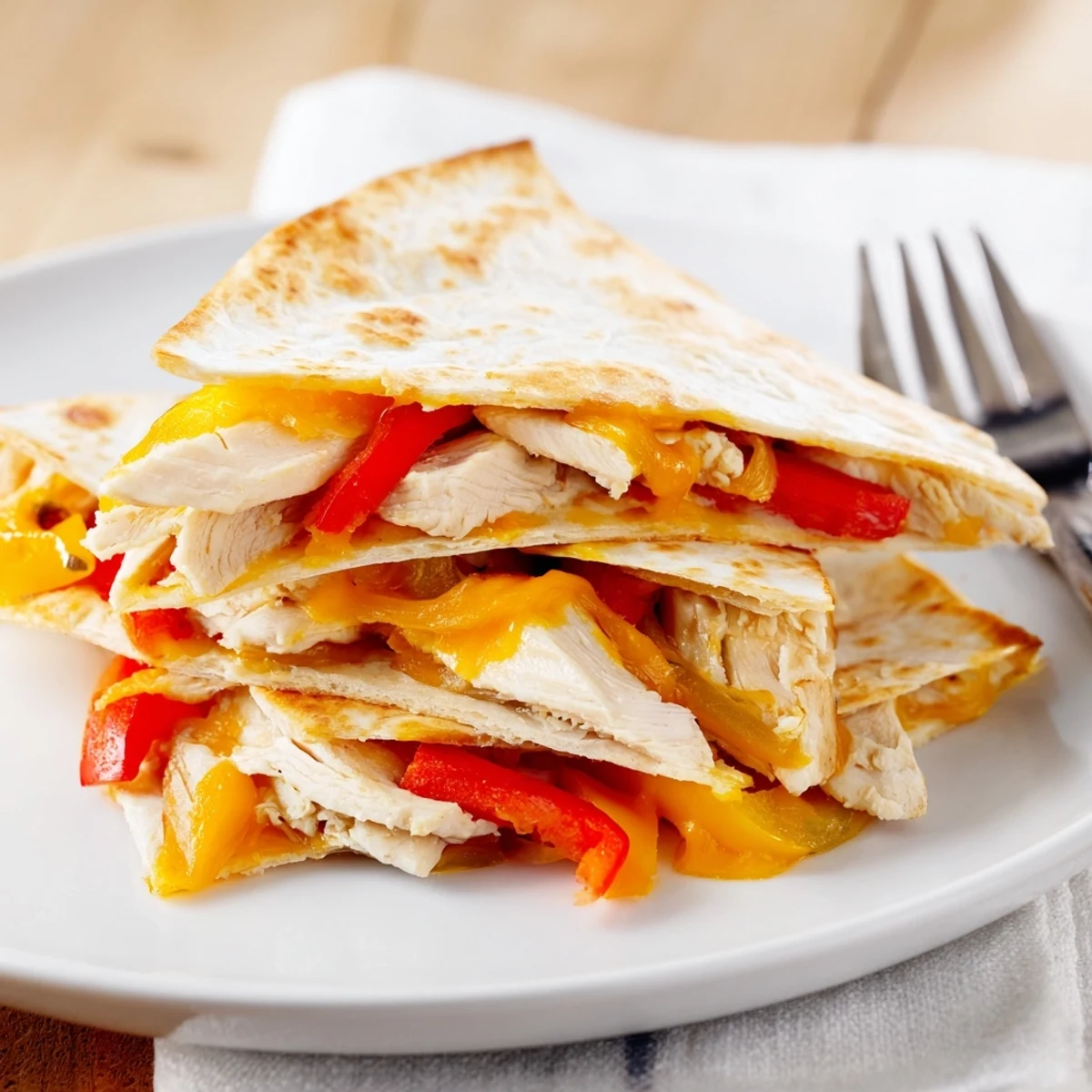 Sizzling Chicken Quesadillas with Peppers sizzling in a skillet, filled with juicy chicken and colorful veggies.