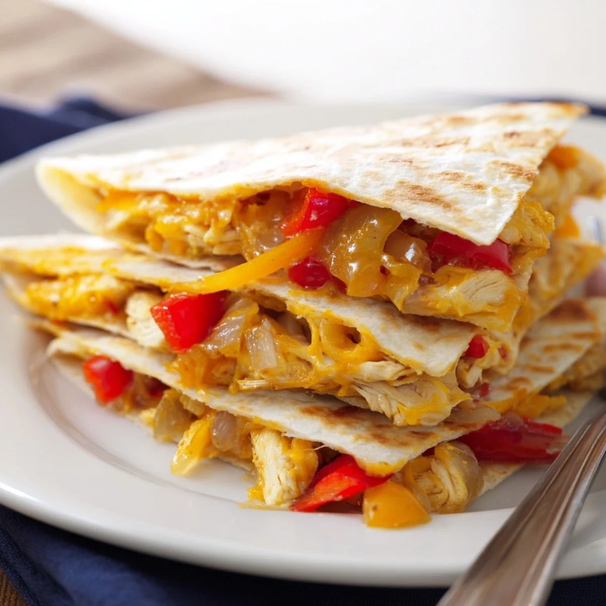 Cut wedge of Chicken Quesadillas with Peppers showing melted cheese pull and fresh cilantro garnish.