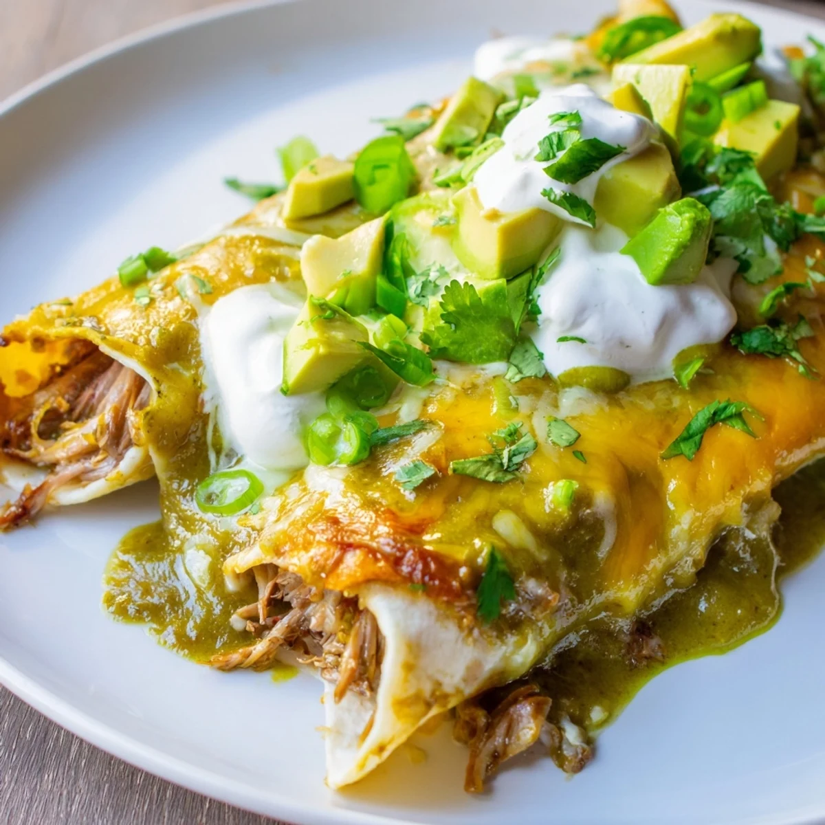 Beef Enchiladas with Green Sauce garnished with fresh cilantro and avocado slices.  
