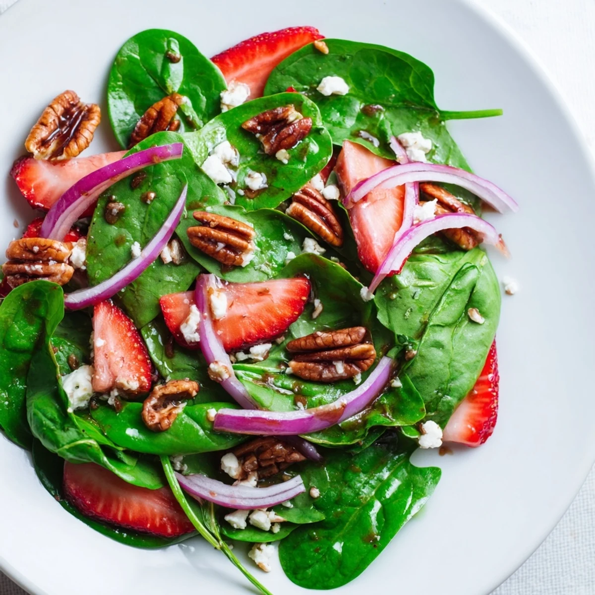 A close-up of the Strawberry Spinach Salad with Pecans showing fresh sliced strawberries and toasted nuts on vibrant greens.