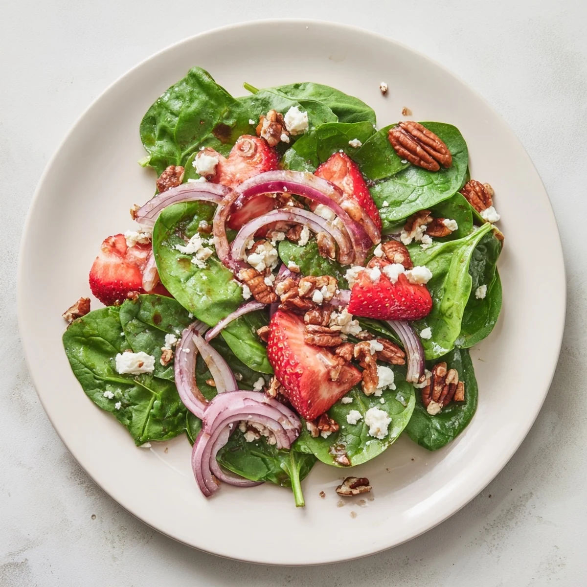 This Strawberry Spinach Salad with Pecans highlights a tangy balsamic drizzle over baby spinach and feta for a refreshing side.