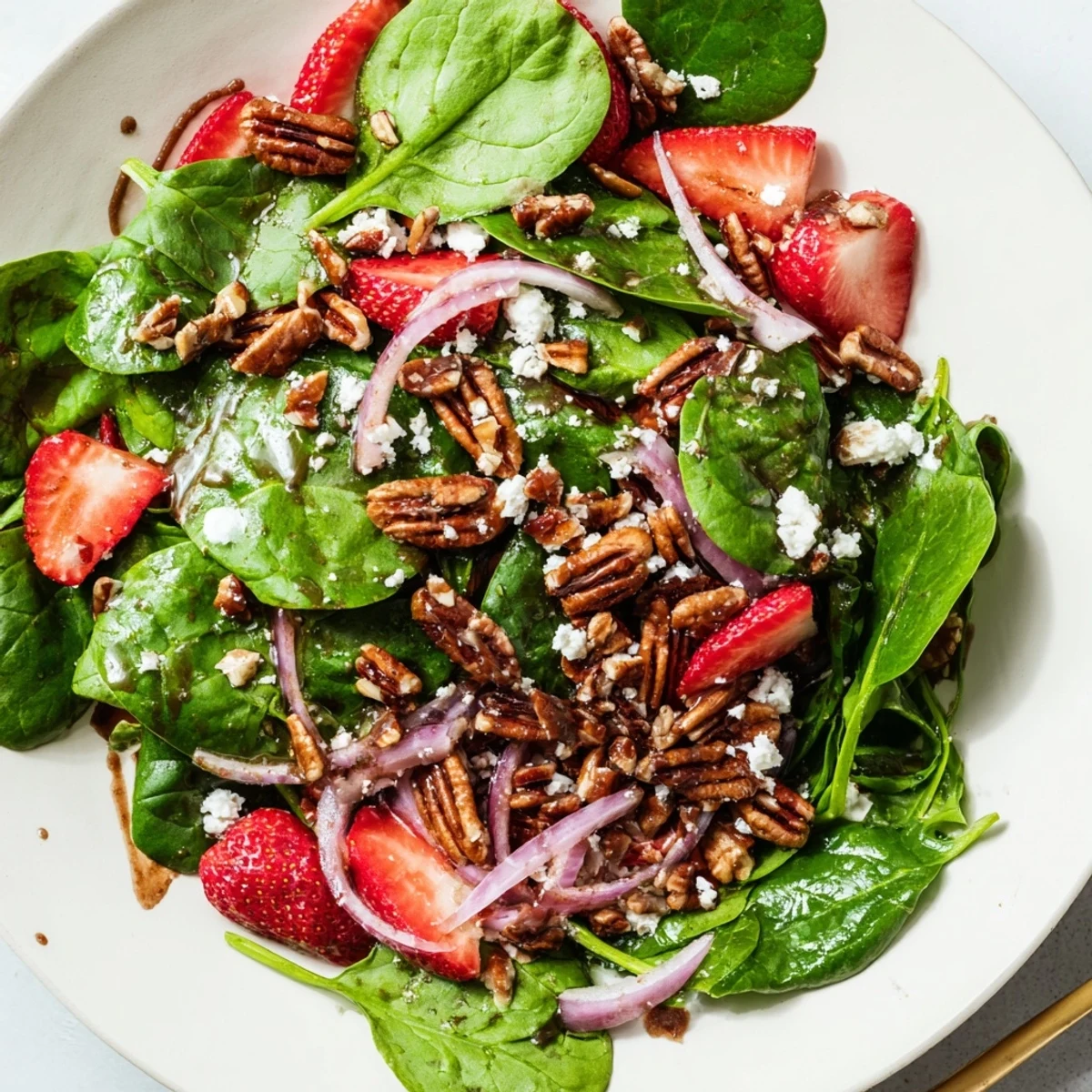 A colorful serving of Strawberry Spinach Salad with Pecans on a picnic table, perfect for summer gatherings or light dinners.