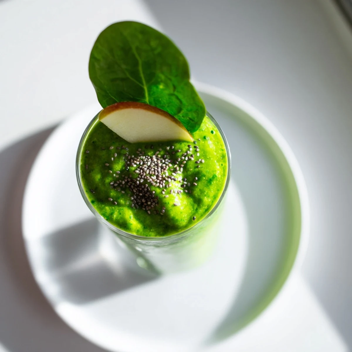 A tall glass of the Green Smoothie with Spinach and Apple on a sunlit kitchen counter, vibrant green color.