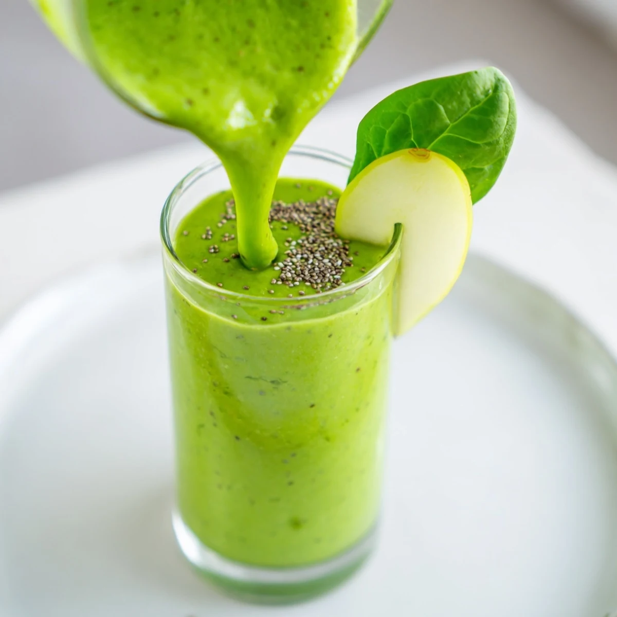 Green Smoothie with Spinach and Apple garnished with an apple slice and chia seeds, ready to enjoy.