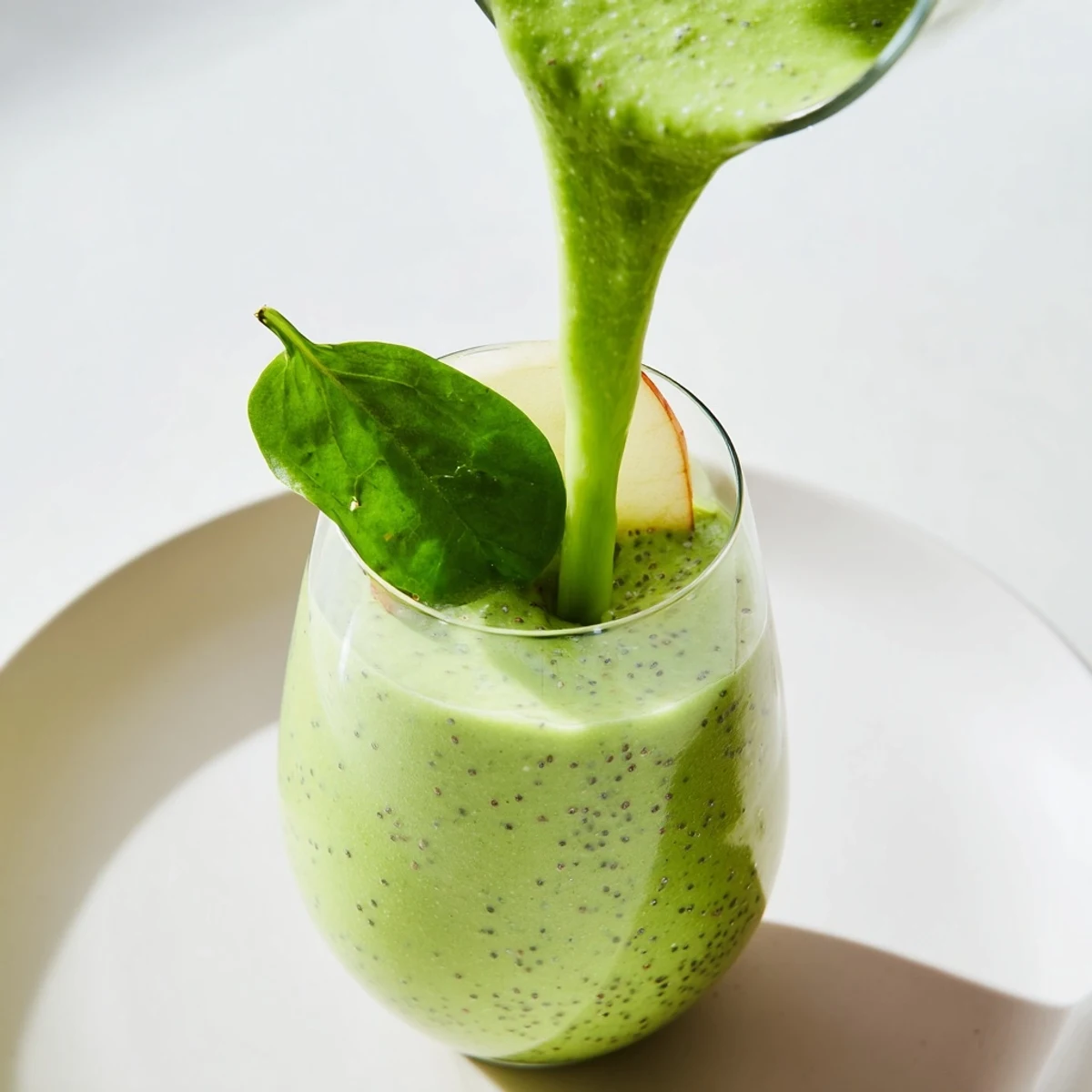 A top-down view of the Green Smoothie with Spinach and Apple beside fresh ingredients like apple and spinach.