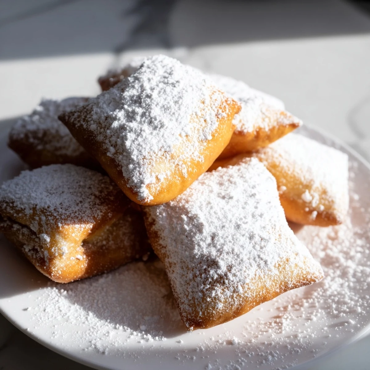 Golden Mardi Gras Beignets with powdered sugar piled high on a plate, evoking New Orleans street food.
