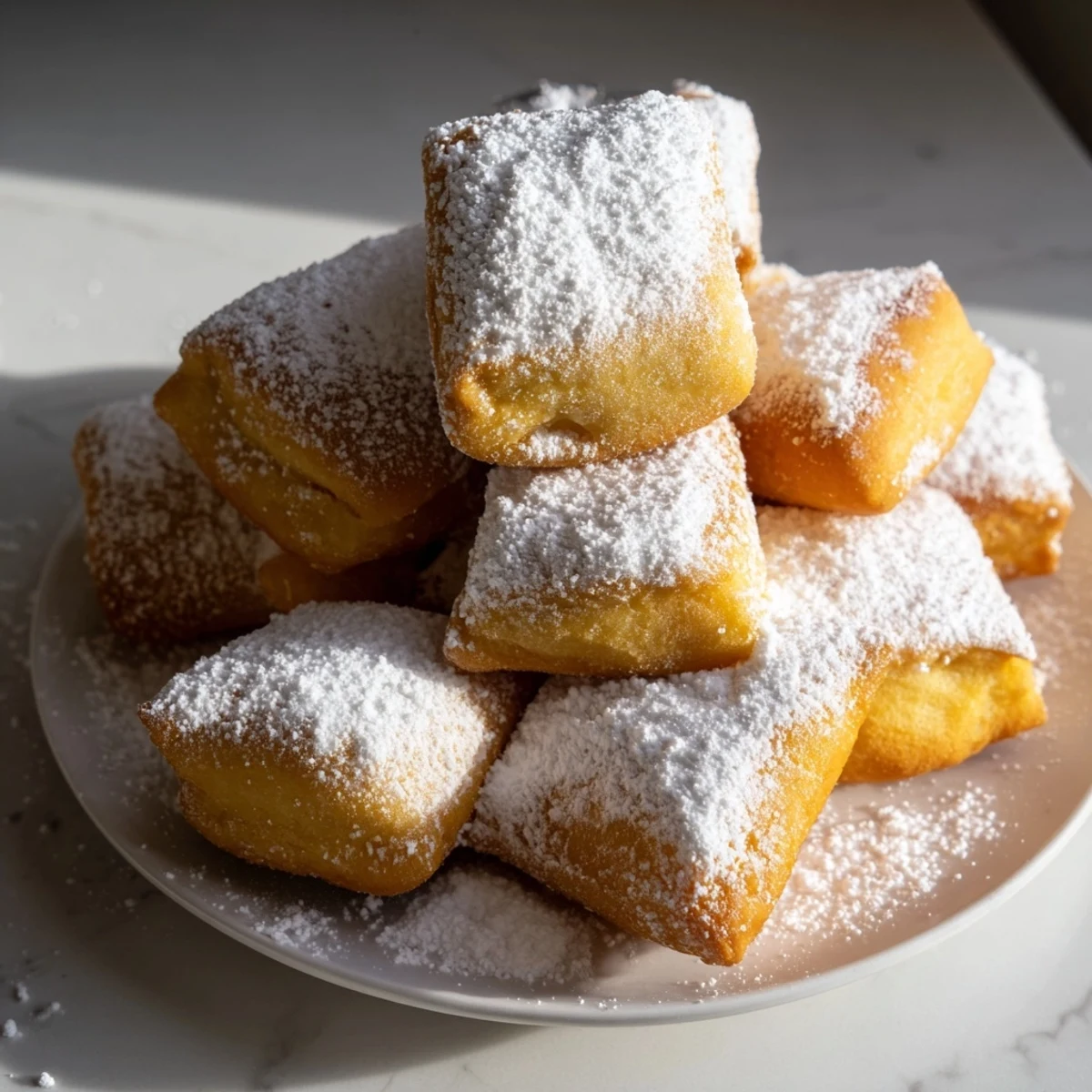 Freshly fried Mardi Gras Beignets with powdered sugar dusting, served warm alongside a steaming cup of café au lait.