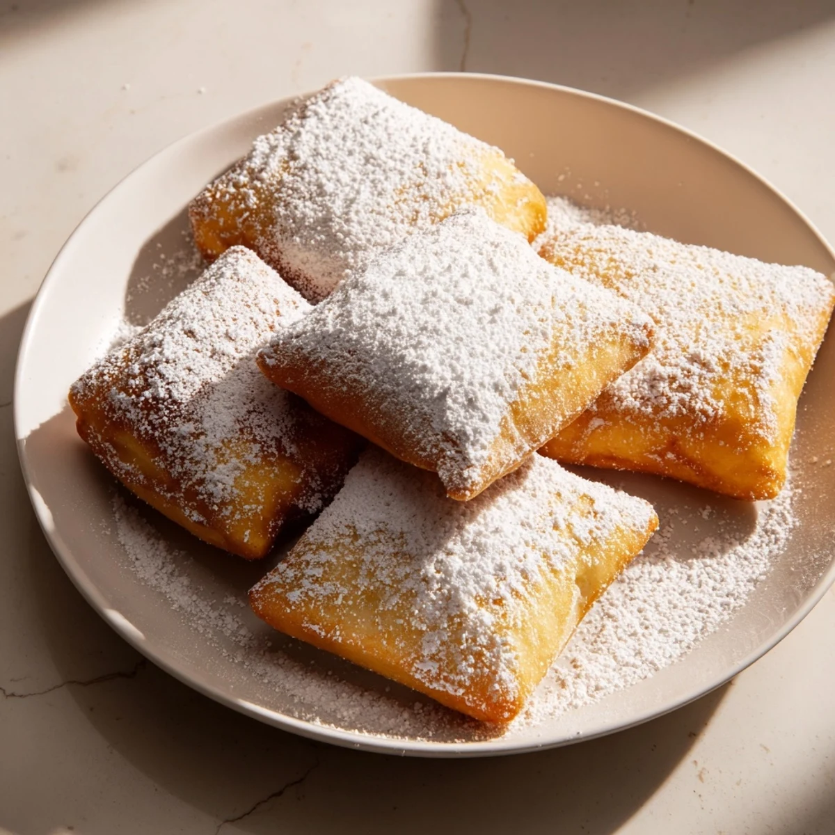 Soft, puffy Mardi Gras Beignets with powdered sugar, arranged on parchment with a Mardi Gras bead accent for festive flair.