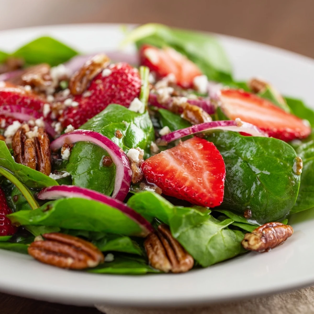 Fresh baby spinach topped with sliced strawberries and crunchy toasted pecans, tossed in tangy balsamic vinaigrette for this vibrant Strawberry Spinach Salad with Pecans.