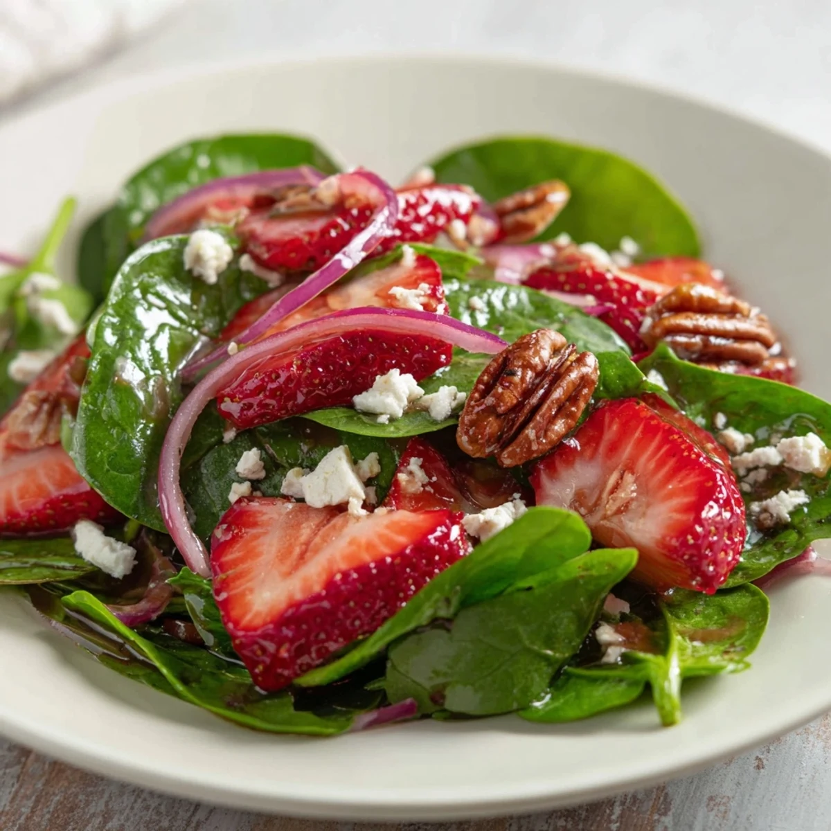 A beautiful serving of Strawberry Spinach Salad with Pecans, featuring red onion and crumbled feta cheese on a light lunch plate.