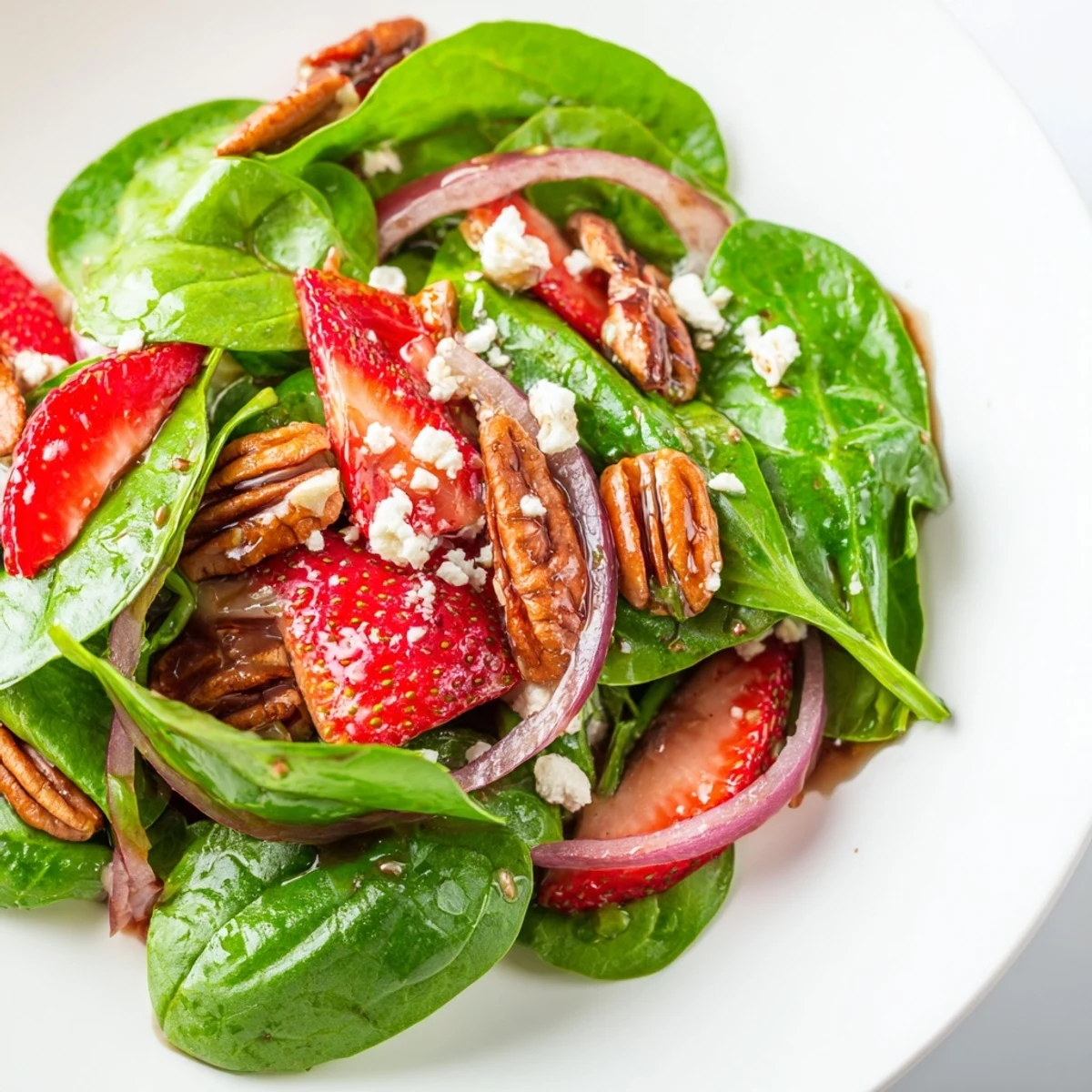 Close-up of homemade Strawberry Spinach Salad with Pecans, highlighting glistening balsamic dressing over sweet berries and leafy greens.
